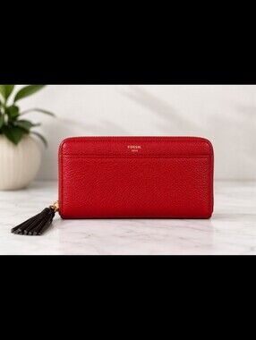 Fossil 1954 Red Grained Leather Clutch Wallet With Tassels